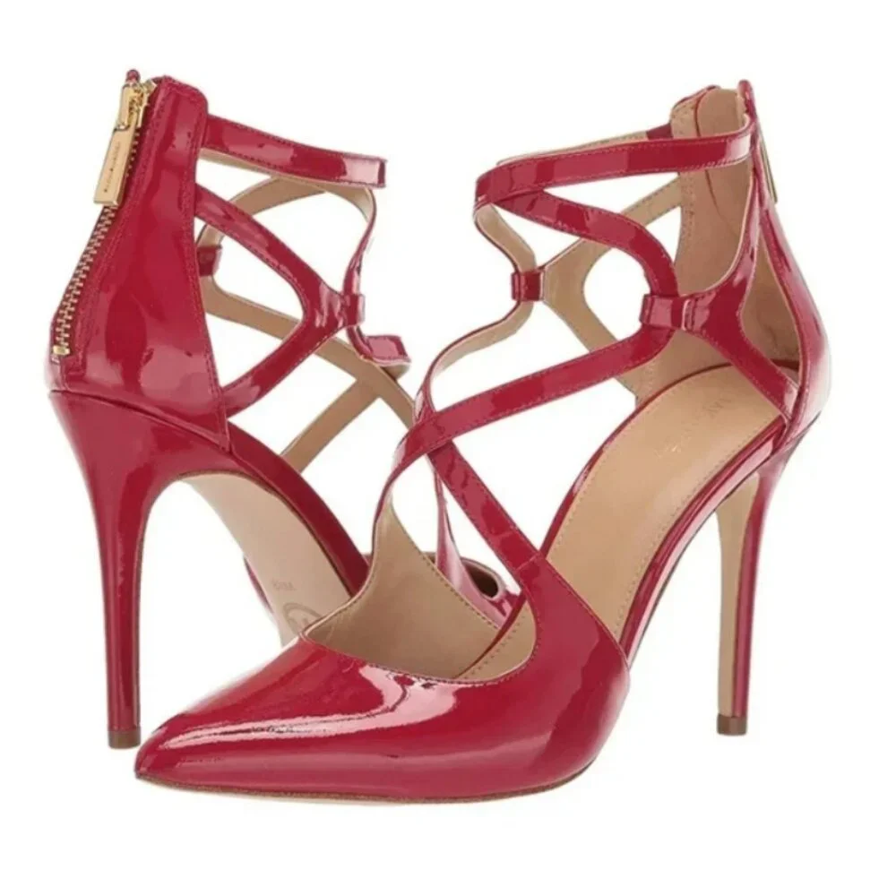 MICHAEL KORS Catia Red Pointed Toe Strappy High Heels 4" Patent Leather Sz.8 - Picture 1 of 15